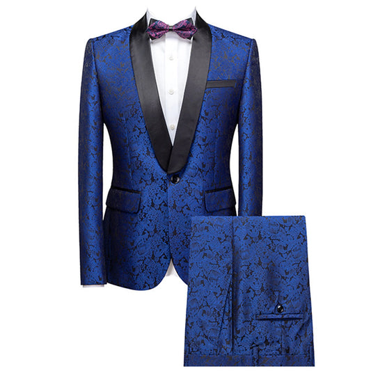 Elegante traje de esmoquin jacquard para hombre con solapa chal para bodas y eventos formales.
