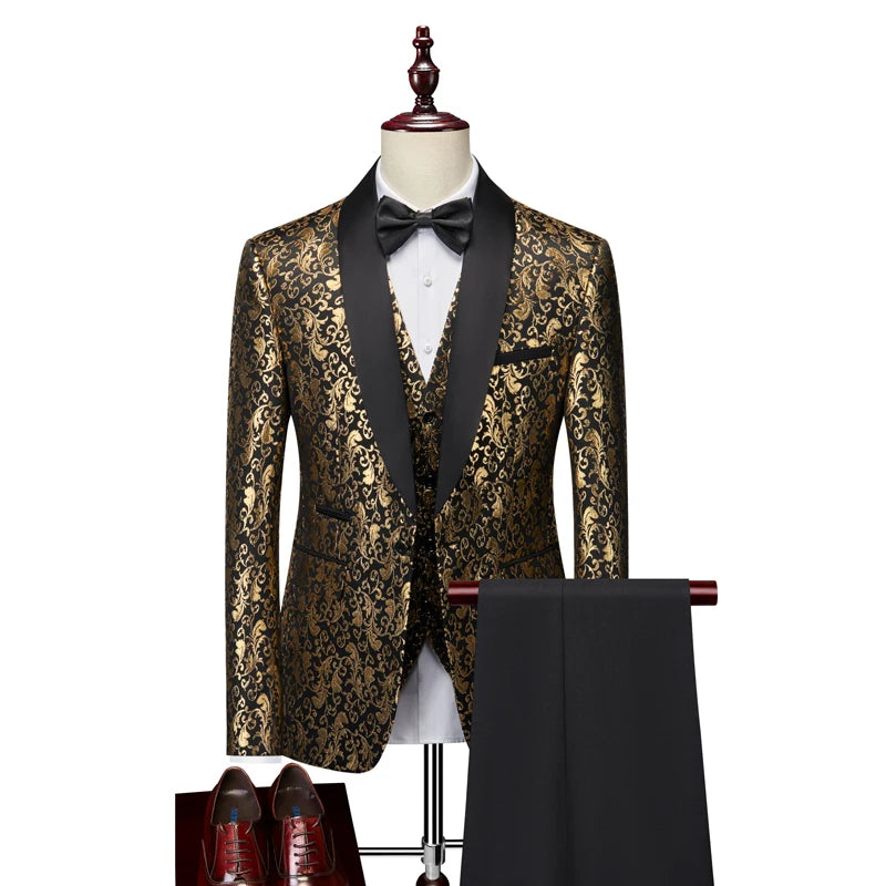 Men's Luxury Gold Jacquard Suit 2 Piece Set Business Banquet Party Dress  Wedding Suits for Men