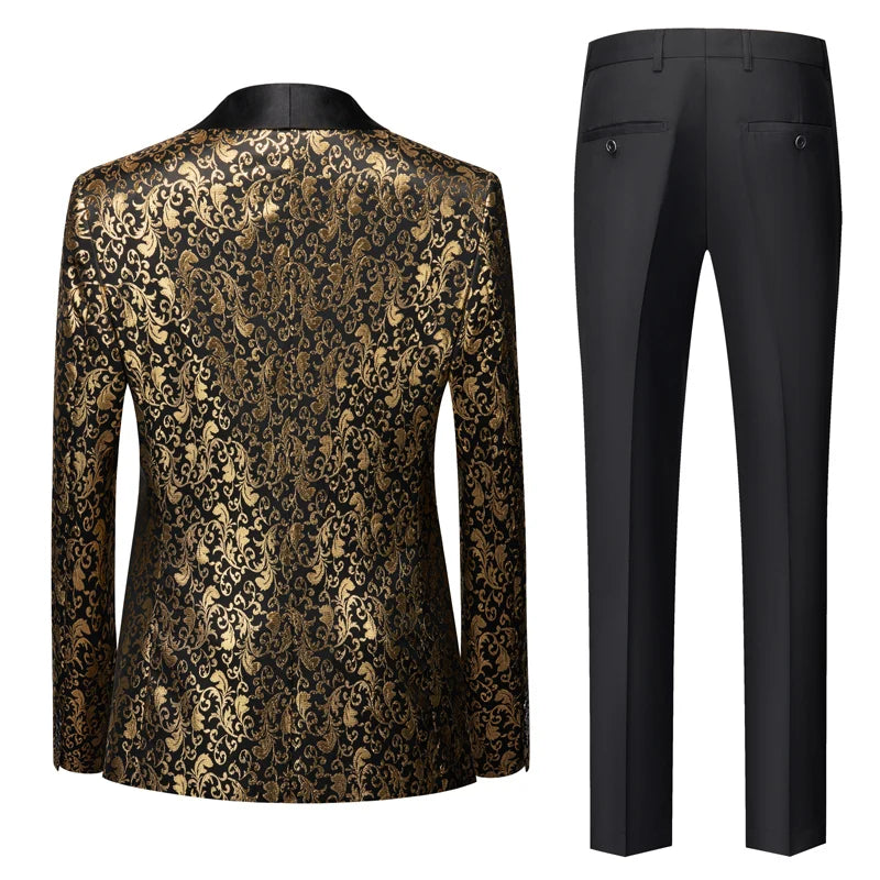 Men's Luxury Gold Jacquard Suit 2 Piece Set Business Banquet Party Dress  Wedding Suits for Men