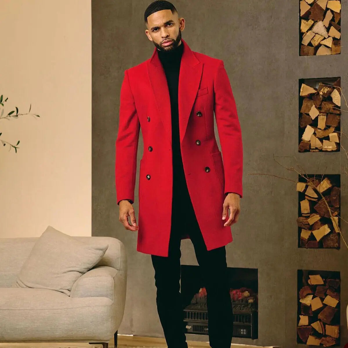 Men's Red Classic Fall Coat Long Jacket Double Breasted Overcoat Wedding Tuxedos