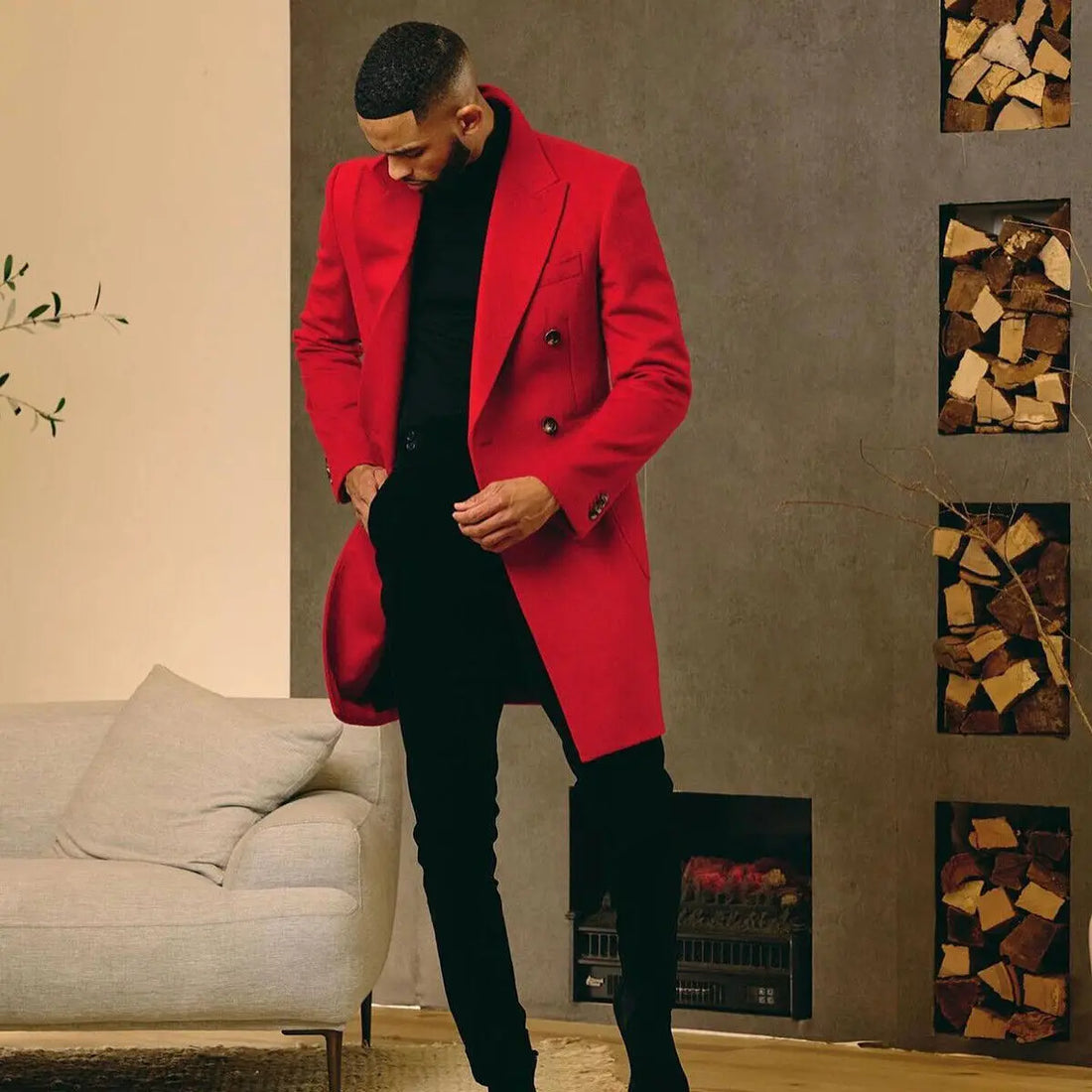 Men's Red Classic Fall Coat Long Jacket Double Breasted Overcoat Wedding Tuxedos