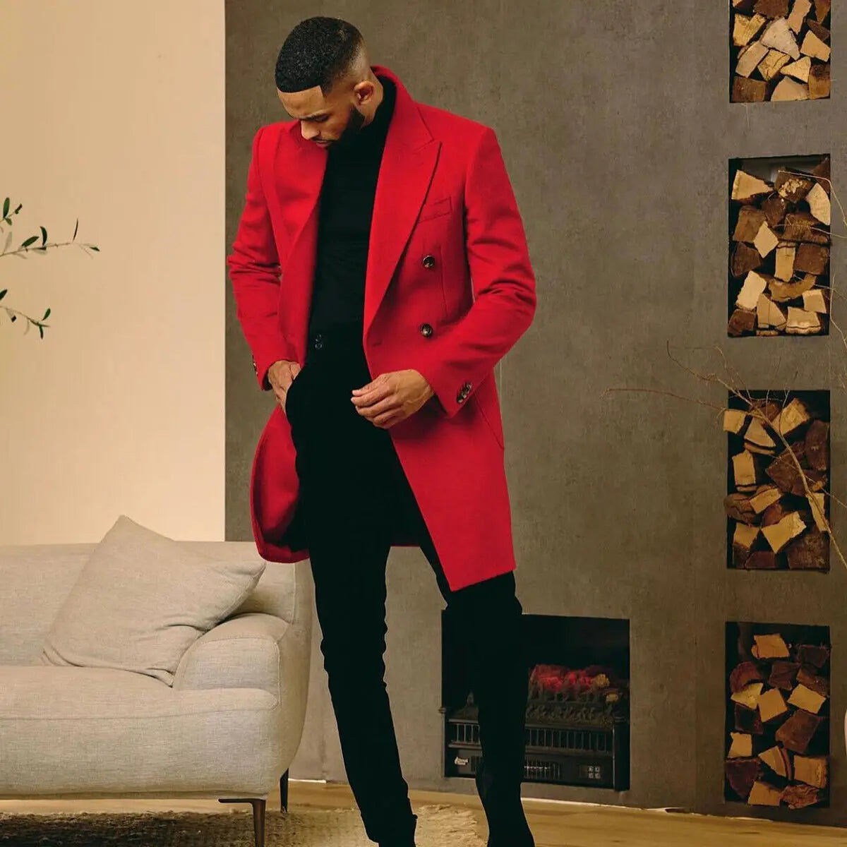Men's Red Classic Fall Coat Long Jacket Double Breasted Overcoat Wedding Tuxedos
