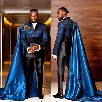 Men's Royal Blue Satin Pants Suits With long Cape Formal Party Wear 3 Pieces Wedding Tuxedos