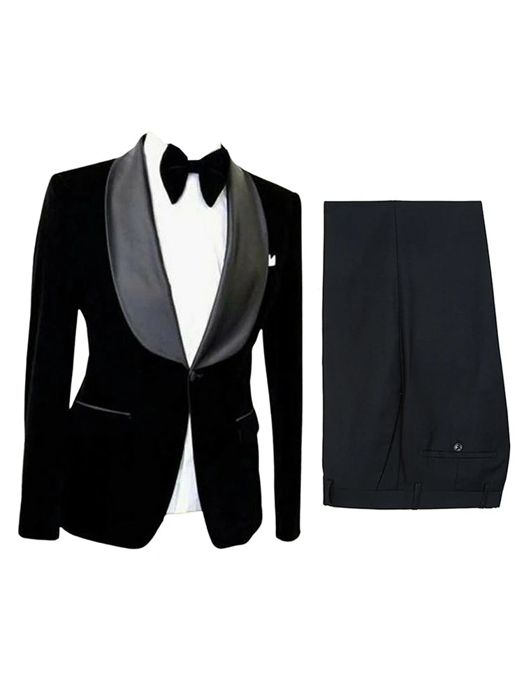 Men's Shawl Lapel One Button Suit Two-Piece Velvet Jacket & Black Pants Groom Festival Party Formal Daily Dinner Wedding Prom