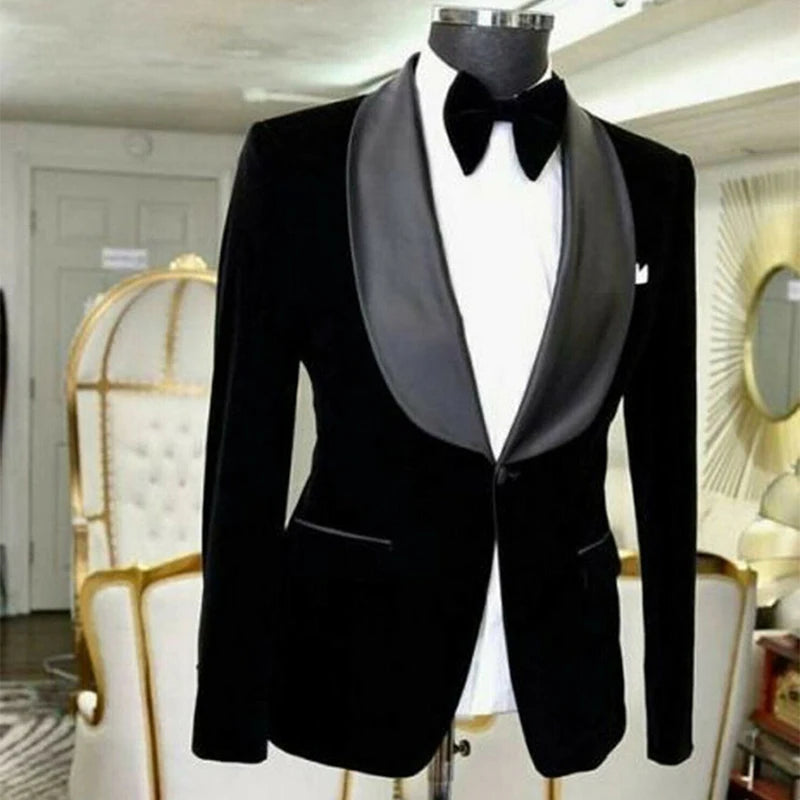 Costume homme deux pièces à revers châle, un bouton, veste en velours et pantalon noir, marié, festival, fête, dîner formel, mariage, bal de promo 