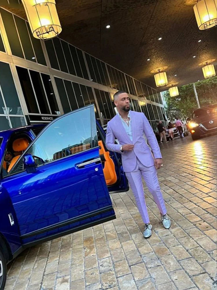 Men's Shawl Lapel Suit Two Pieces Light Purple Jacket Trousers Set for Party Prom Groom Casual Groom Tuxedos One Button Blazer