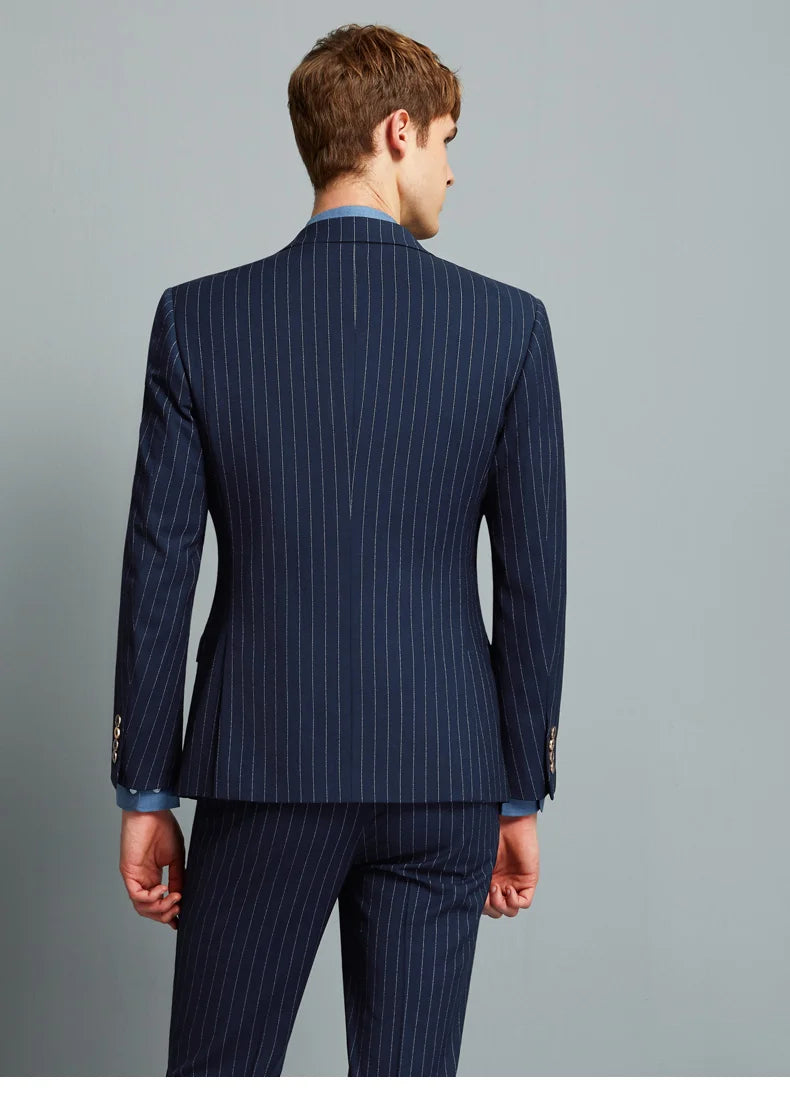 Men's Striped Suit Classic Navy Blue Formal Business Wedding Suit Double Breasted Groom Prom Fashion Casual Slim 2PC Blazer Pant