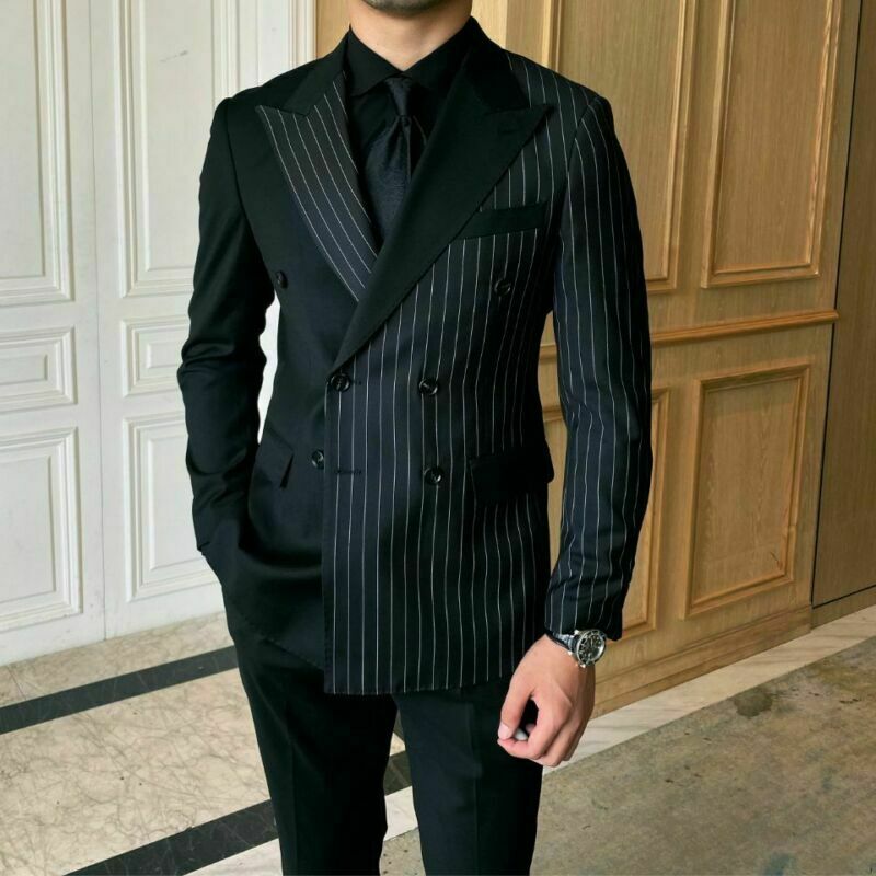 Costume rayé noir pour homme, revers en pointe, croisé, pour mariage, smoking, une pièce, veste sans pantalon 
