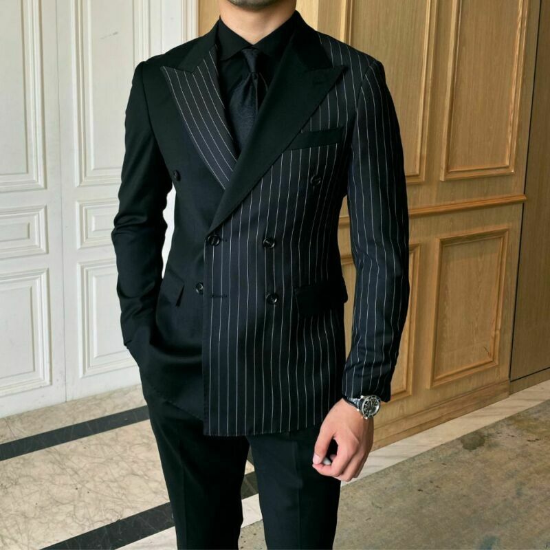 Costume rayé noir pour homme, revers en pointe, croisé, pour mariage, smoking, une pièce, veste sans pantalon 