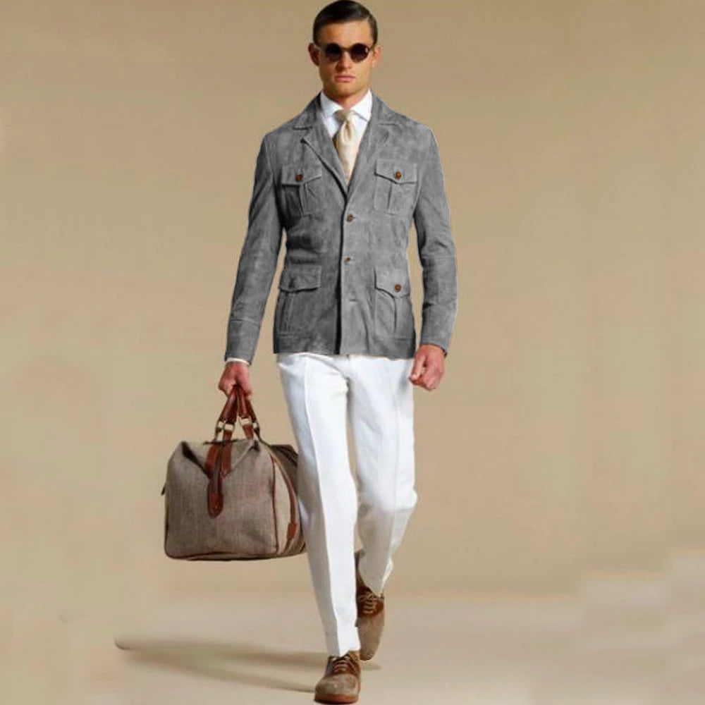 Blazer élégant en daim pour homme – Veste droite élégante avec plusieurs poches – Costume tendance personnalisable pour homme moderne