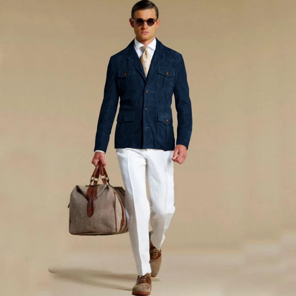 Blazer élégant en daim pour homme – Veste droite élégante avec plusieurs poches – Costume tendance personnalisable pour homme moderne