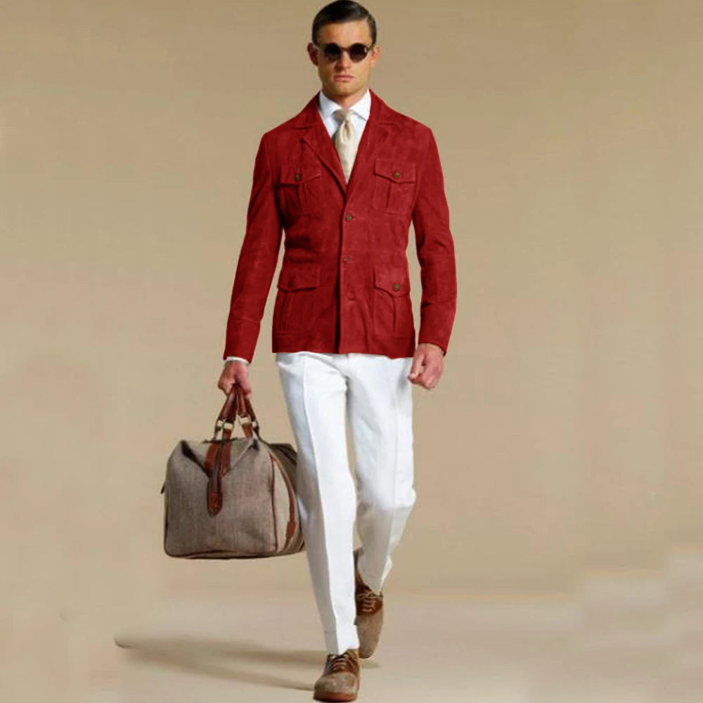 Blazer élégant en daim pour homme – Veste droite élégante avec plusieurs poches – Costume tendance personnalisable pour homme moderne