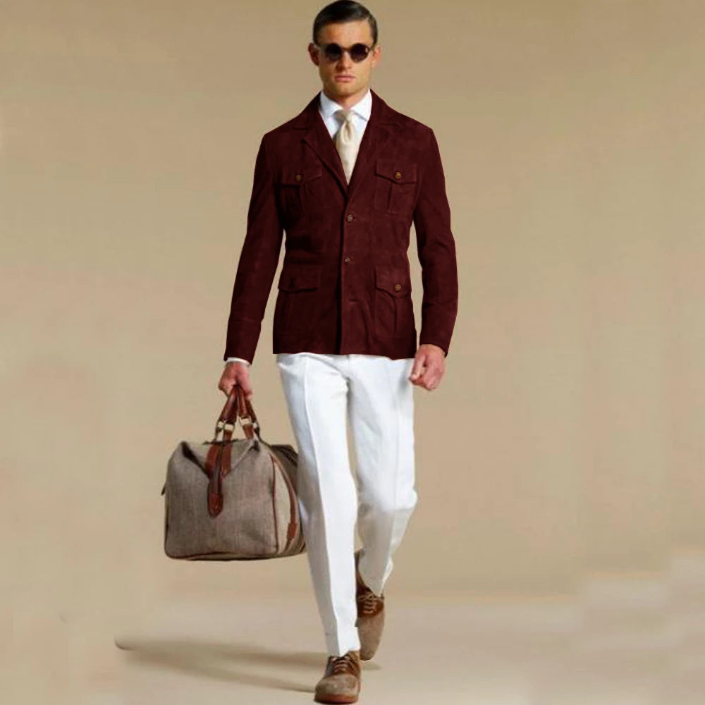 Blazer élégant en daim pour homme – Veste droite élégante avec plusieurs poches – Costume tendance personnalisable pour homme moderne