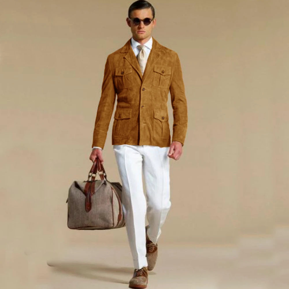 Blazer élégant en daim pour homme – Veste droite élégante avec plusieurs poches – Costume tendance personnalisable pour homme moderne