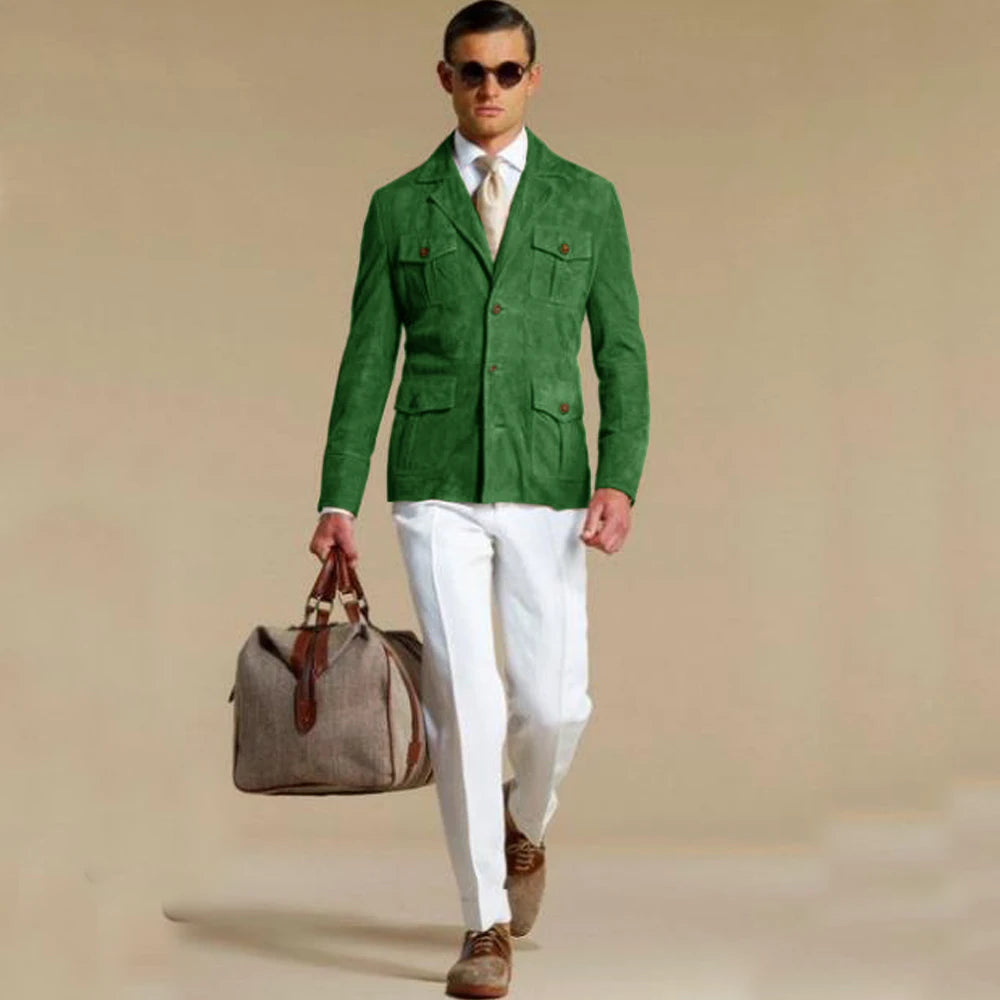 Blazer élégant en daim pour homme – Veste droite élégante avec plusieurs poches – Costume tendance personnalisable pour homme moderne