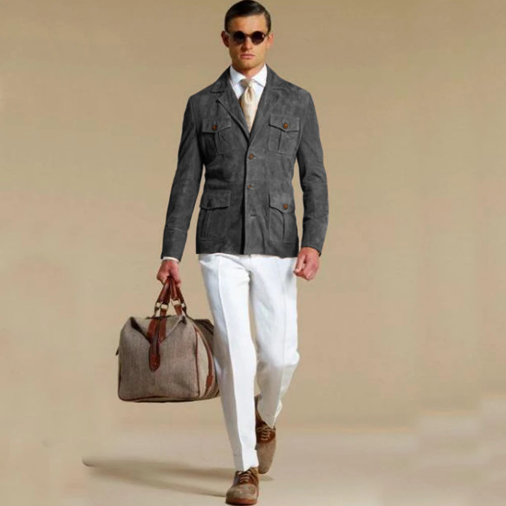 Blazer élégant en daim pour homme – Veste droite élégante avec plusieurs poches – Costume tendance personnalisable pour homme moderne