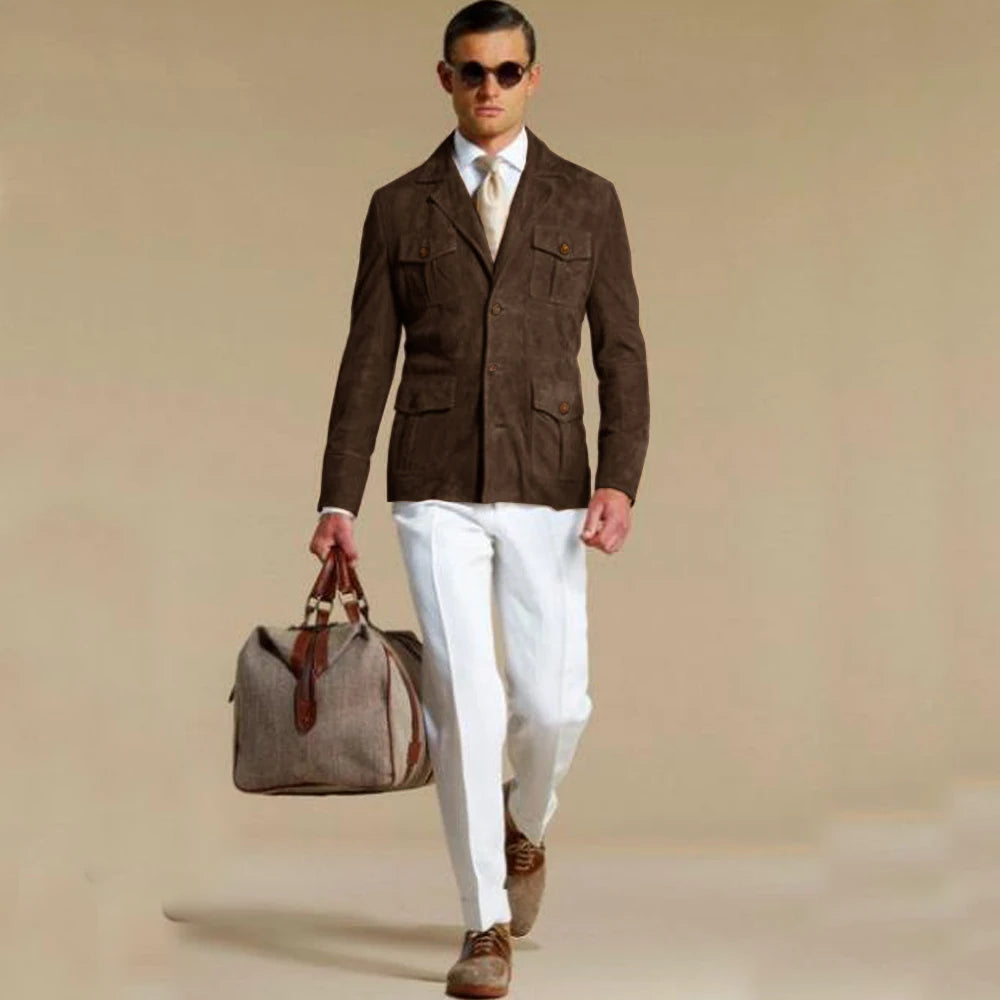 Blazer élégant en daim pour homme – Veste droite élégante avec plusieurs poches – Costume tendance personnalisable pour homme moderne