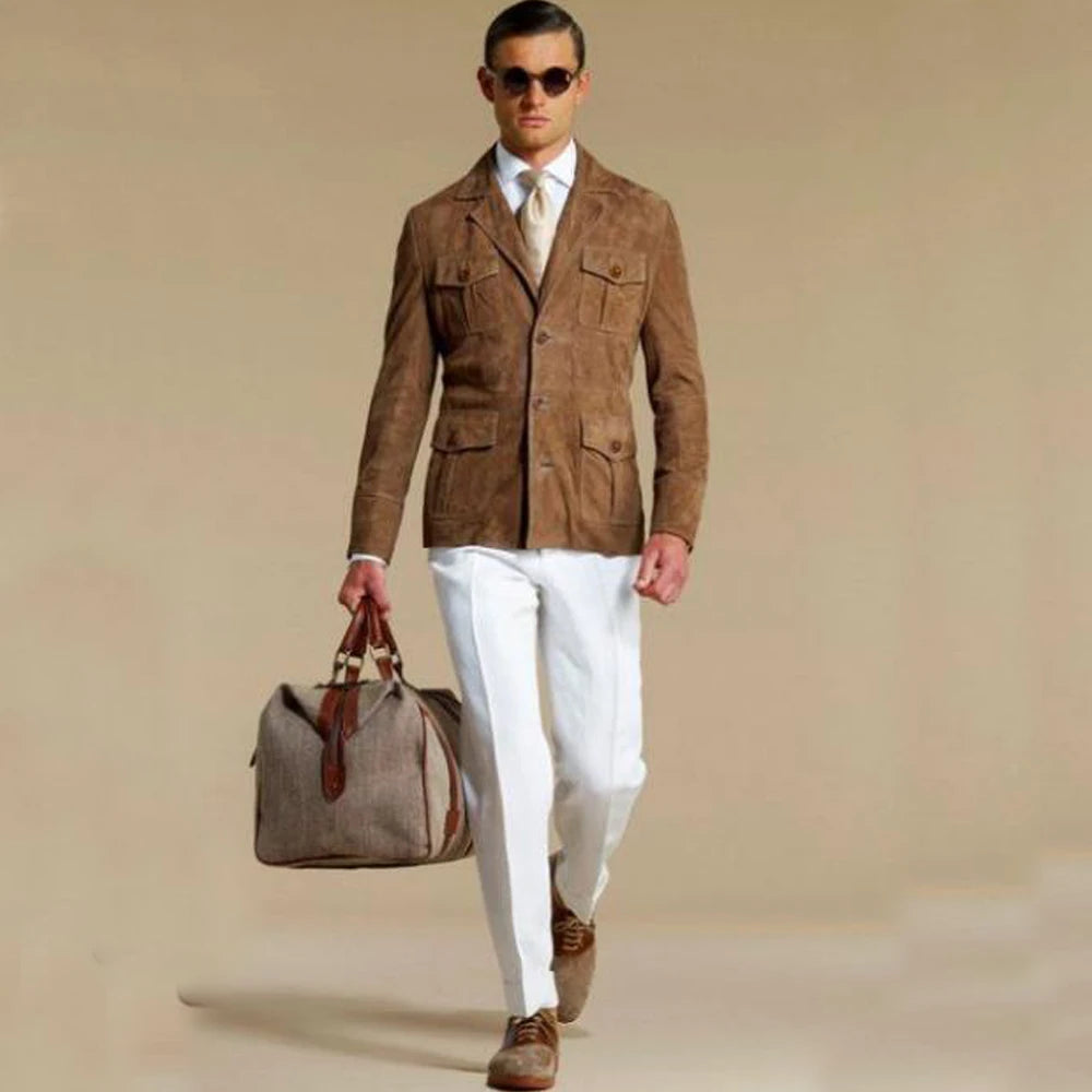 Blazer élégant en daim pour homme – Veste droite élégante avec plusieurs poches – Costume tendance personnalisable pour homme moderne