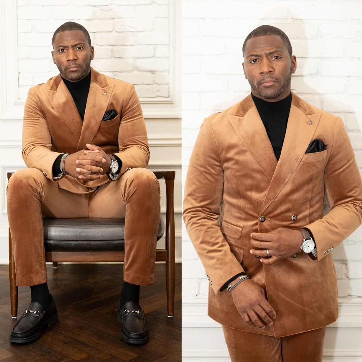 Traje de hombre de 2 piezas, blazer, pantalón, cruzado, solapa de pico, terciopelo marrón, ropa formal de negocios, ropa de trabajo, traje de novio para boda.