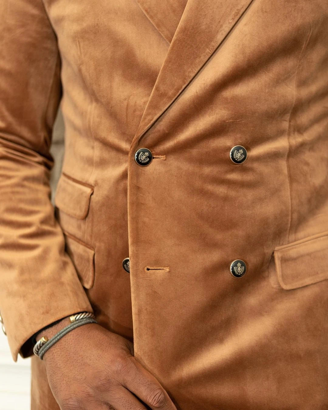 Traje de hombre de 2 piezas, blazer, pantalón, cruzado, solapa de pico, terciopelo marrón, ropa formal de negocios, ropa de trabajo, traje de novio para boda.