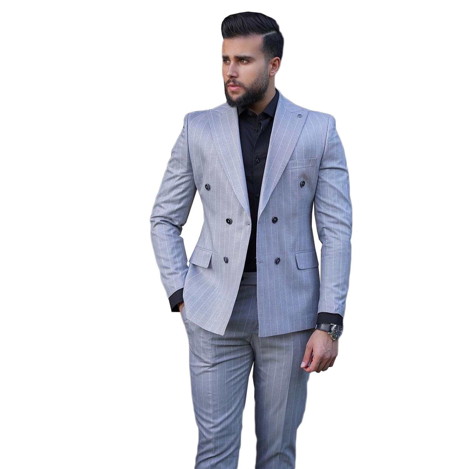 Men's Suit 2 Pieces Blazer Pants Double Breasted Peaked Lapel Business Modern Pinstripes Wedding Groom Tailored Costume Homme