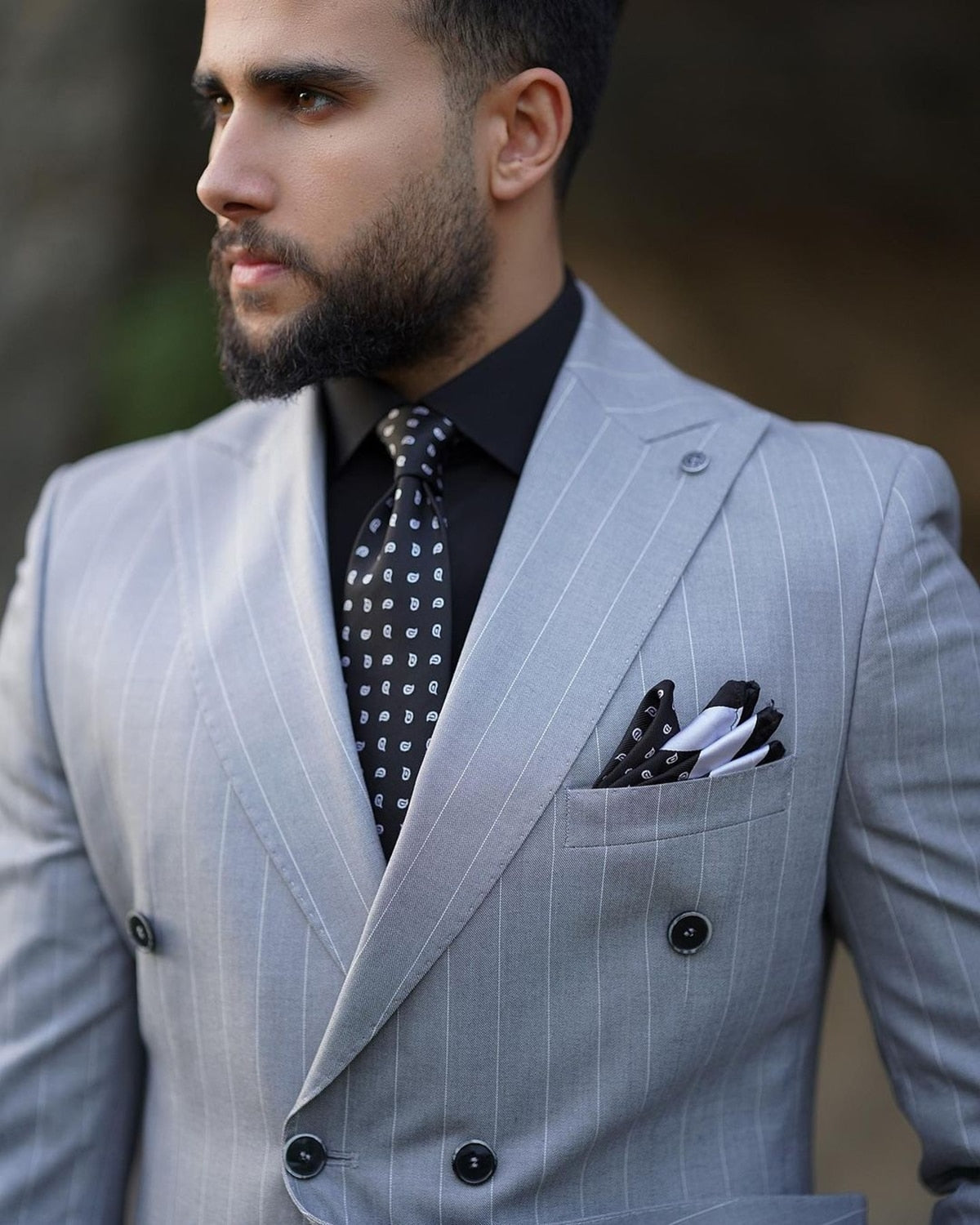 Men's Suit 2 Pieces Blazer Pants Double Breasted Peaked Lapel Business Modern Pinstripes Wedding Groom Tailored Costume Homme