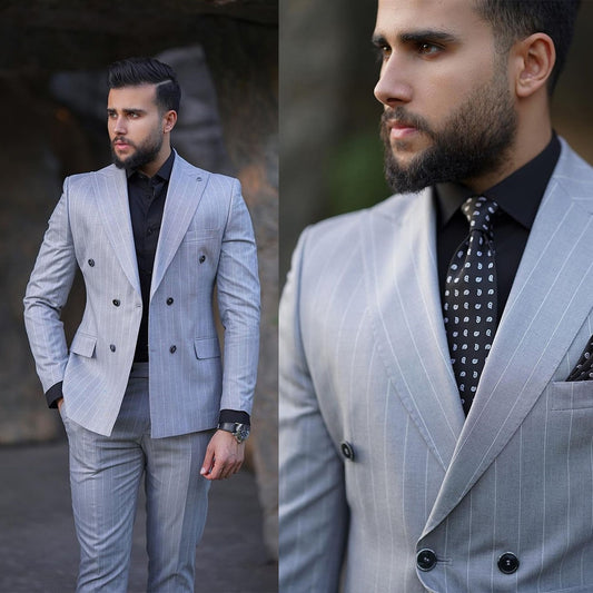 Men's Suit 2 Pieces Blazer Pants Double Breasted Peaked Lapel Business Modern Pinstripes Wedding Groom Tailored Costume Homme