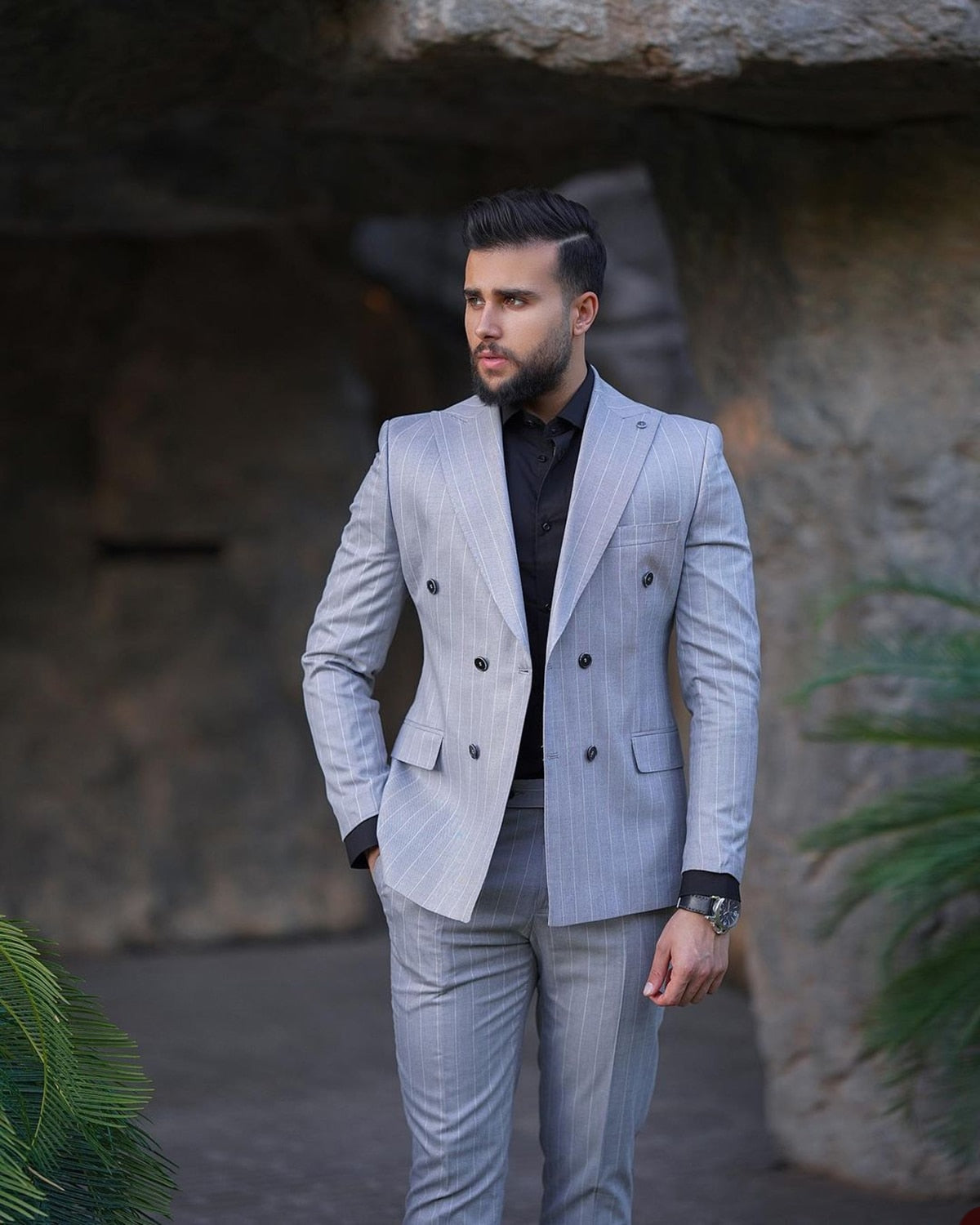Men's Suit 2 Pieces Blazer Pants Double Breasted Peaked Lapel Business Modern Pinstripes Wedding Groom Tailored Costume Homme