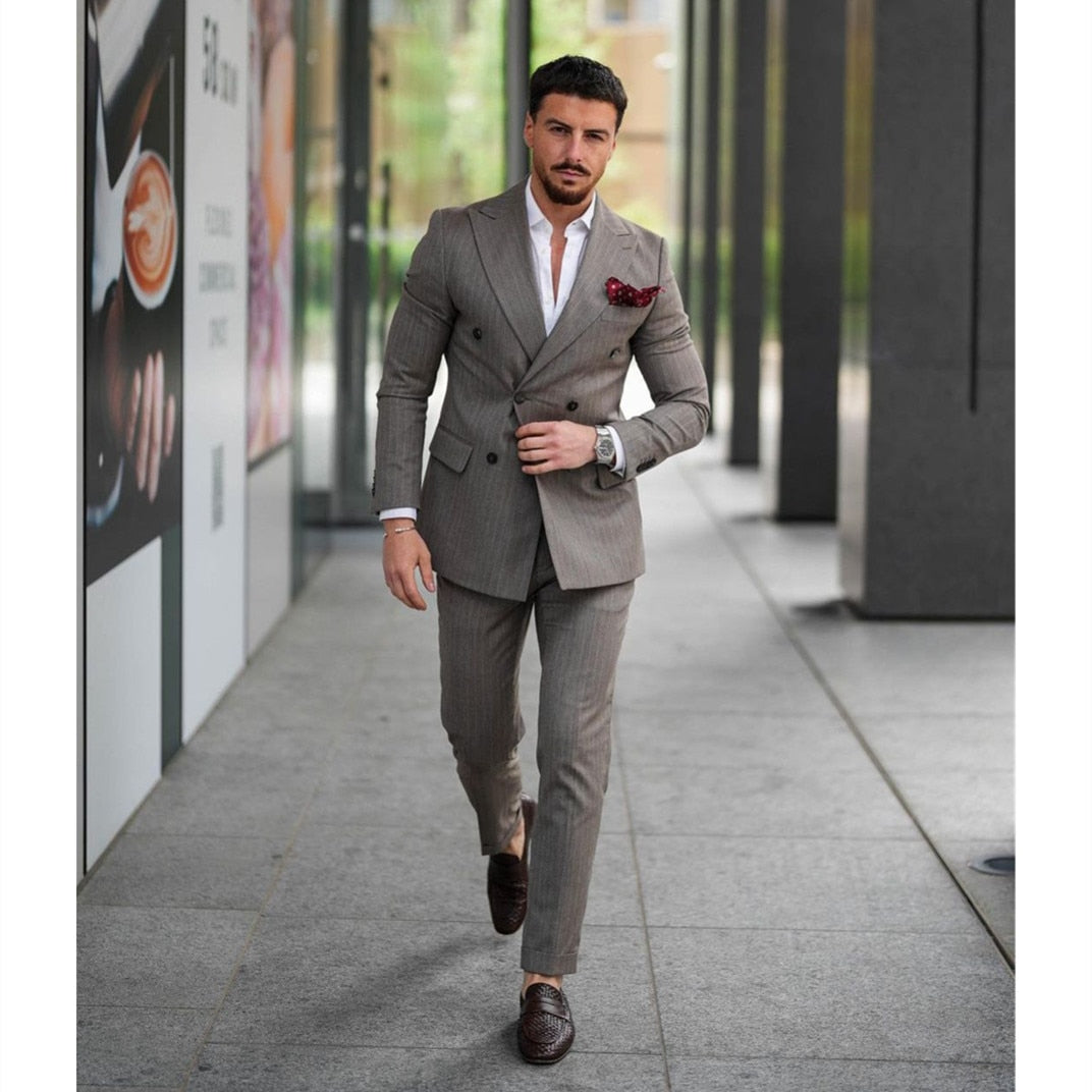 Costume homme 2 pièces blazer pantalon croisé revers pointu affaires rayures fines tenue de travail formelle mariage marié costume homme 