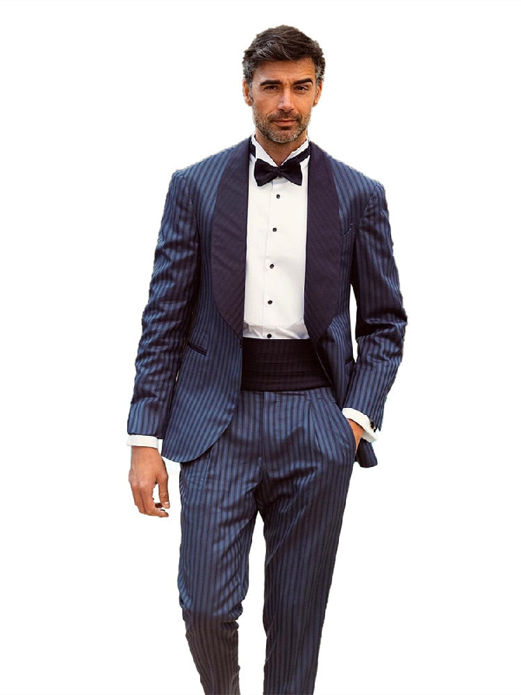 Costume homme 2 pièces blazer pantalon un bouton large revers satin rayures fines formel affaires mince formel mariage marié costume homme 