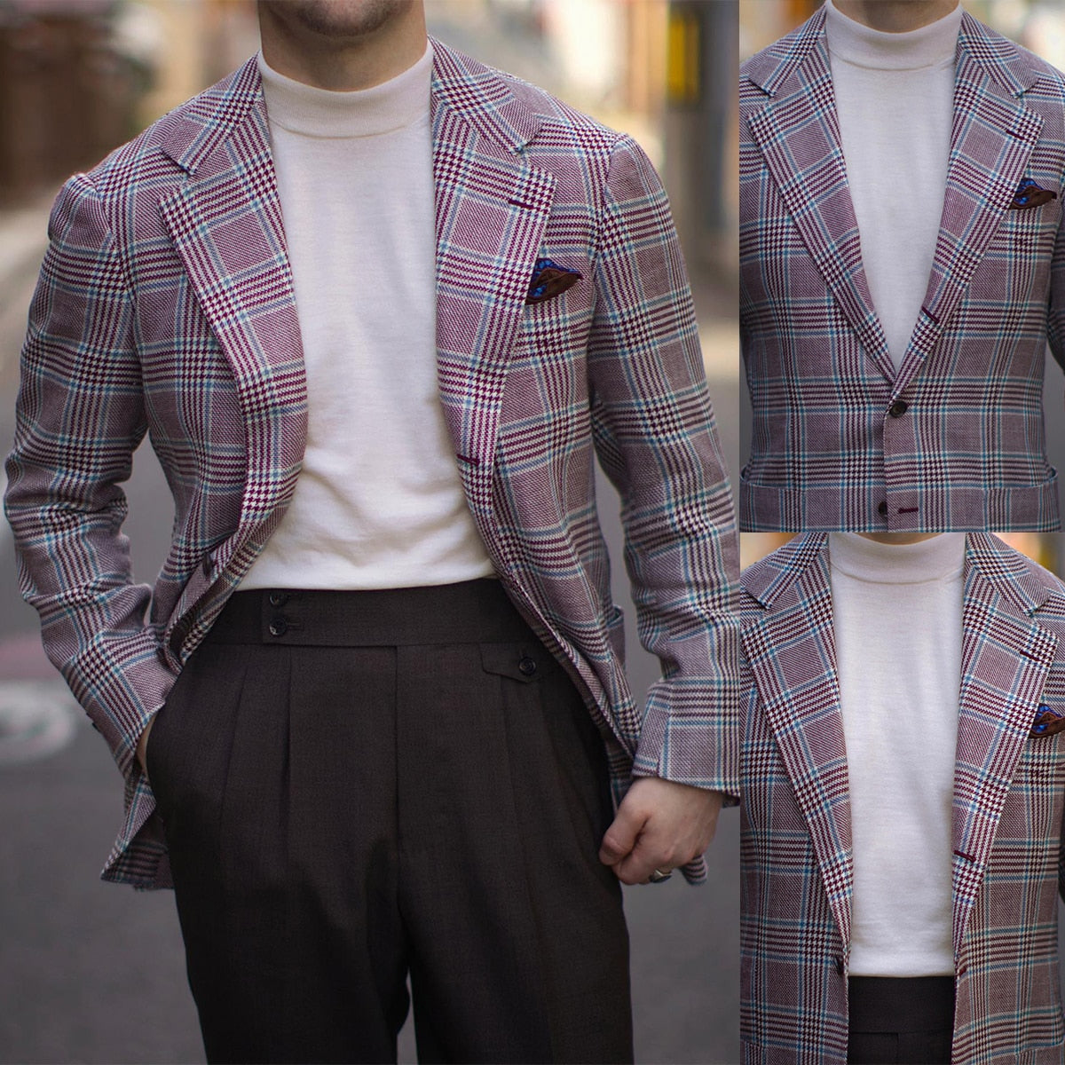 Costume homme 2 pièces blazer pantalon simple boutonnage revers pointu affaires rayures plaid smoking mariage formel marié costume homme