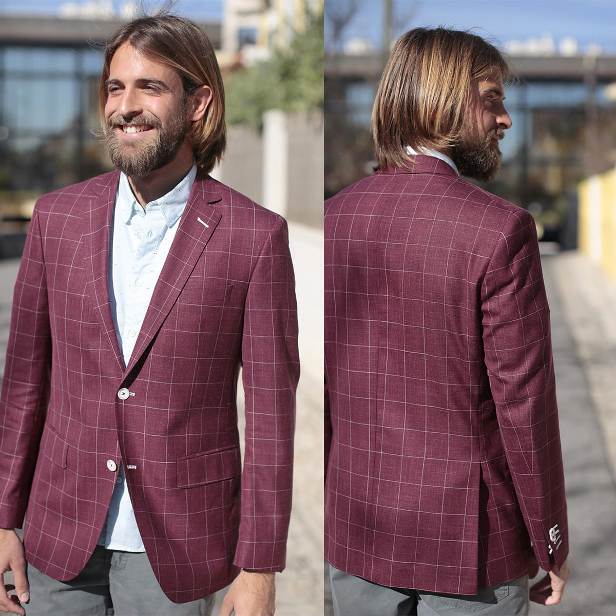 Traje de hombre de 2 piezas, blazer, pantalón, botonadura sencilla, solapa de pico, a cuadros, rayas, para negocios, ajustado, formal, para boda, novio 