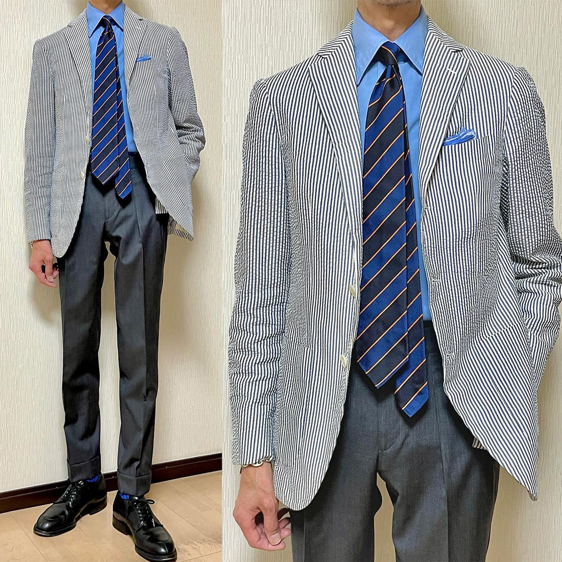 Traje de hombre de 2 piezas, blazer, pantalón, botonadura sencilla, solapa de pico, rayas, formal, de negocios, corte entallado, traje formal de boda para novio. 
