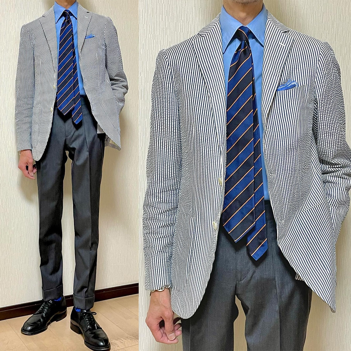 Traje de hombre de 2 piezas, blazer, pantalón, botonadura sencilla, solapa de pico, rayas, formal, de negocios, corte entallado, traje formal de boda para novio. 