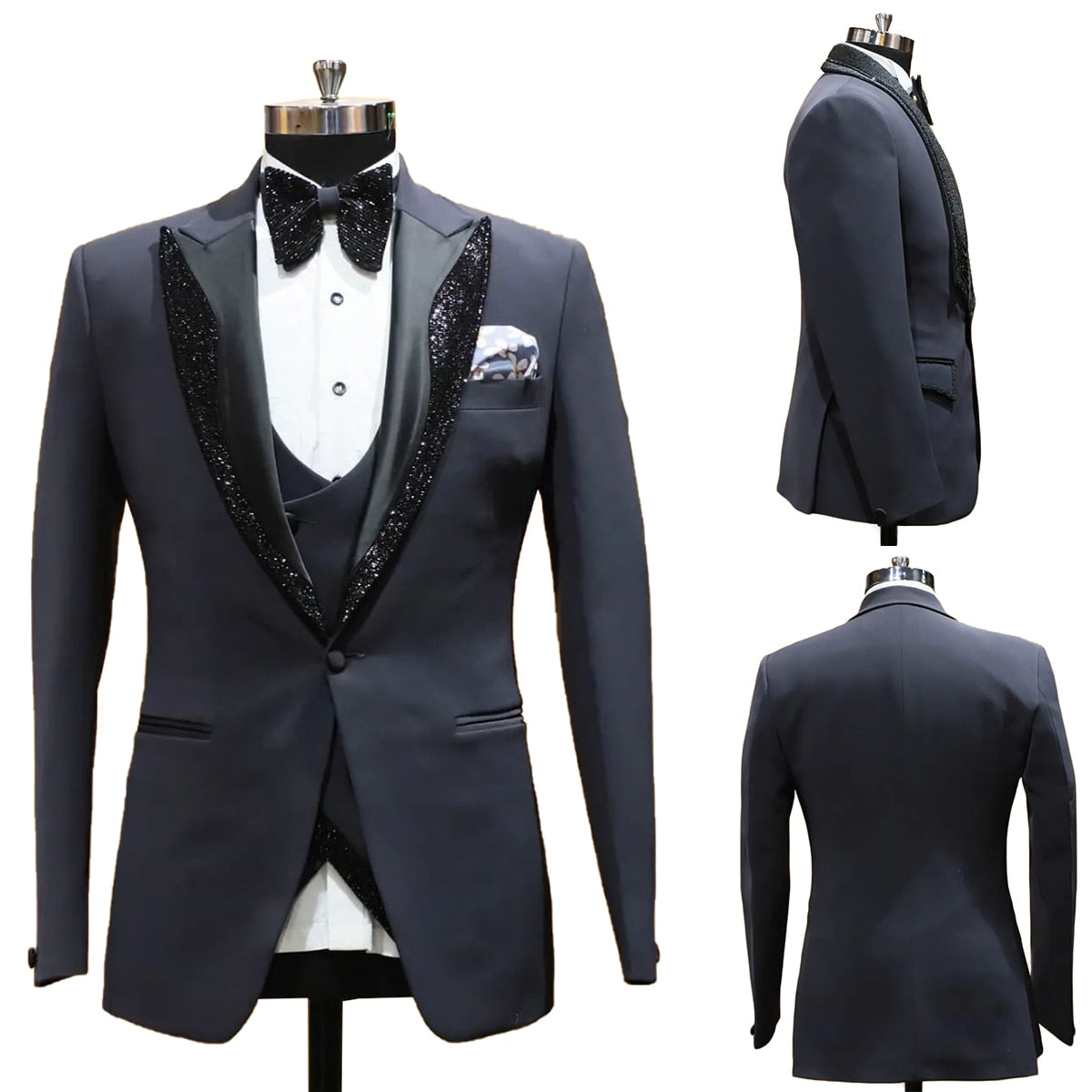 Men's Suit 2 Pieces Blazer Vest One Button Peaked Satin Lapel Sequins Business Slim Fit Formal Work Wedding Groom Costume Homme