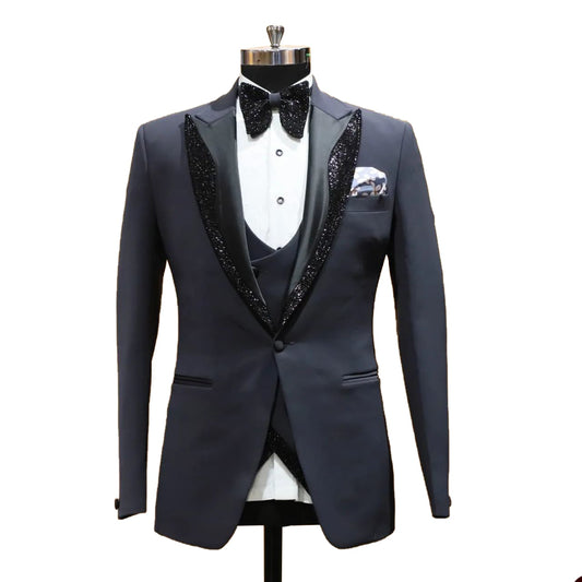 Men's Suit 2 Pieces Blazer Vest One Button Peaked Satin Lapel Sequins Business Slim Fit Formal Work Wedding Groom Costume Homme