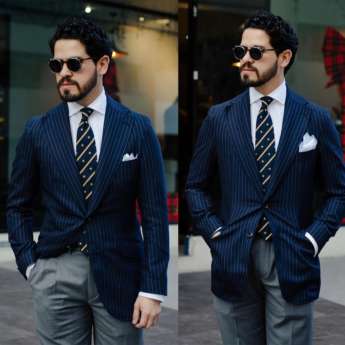 Traje de hombre de 2 piezas, blazer azul marino a rayas, pantalón gris, esmoquin de un solo pecho, ajustado, elegante, para negocios, moderno, para boda, novio, a medida.
