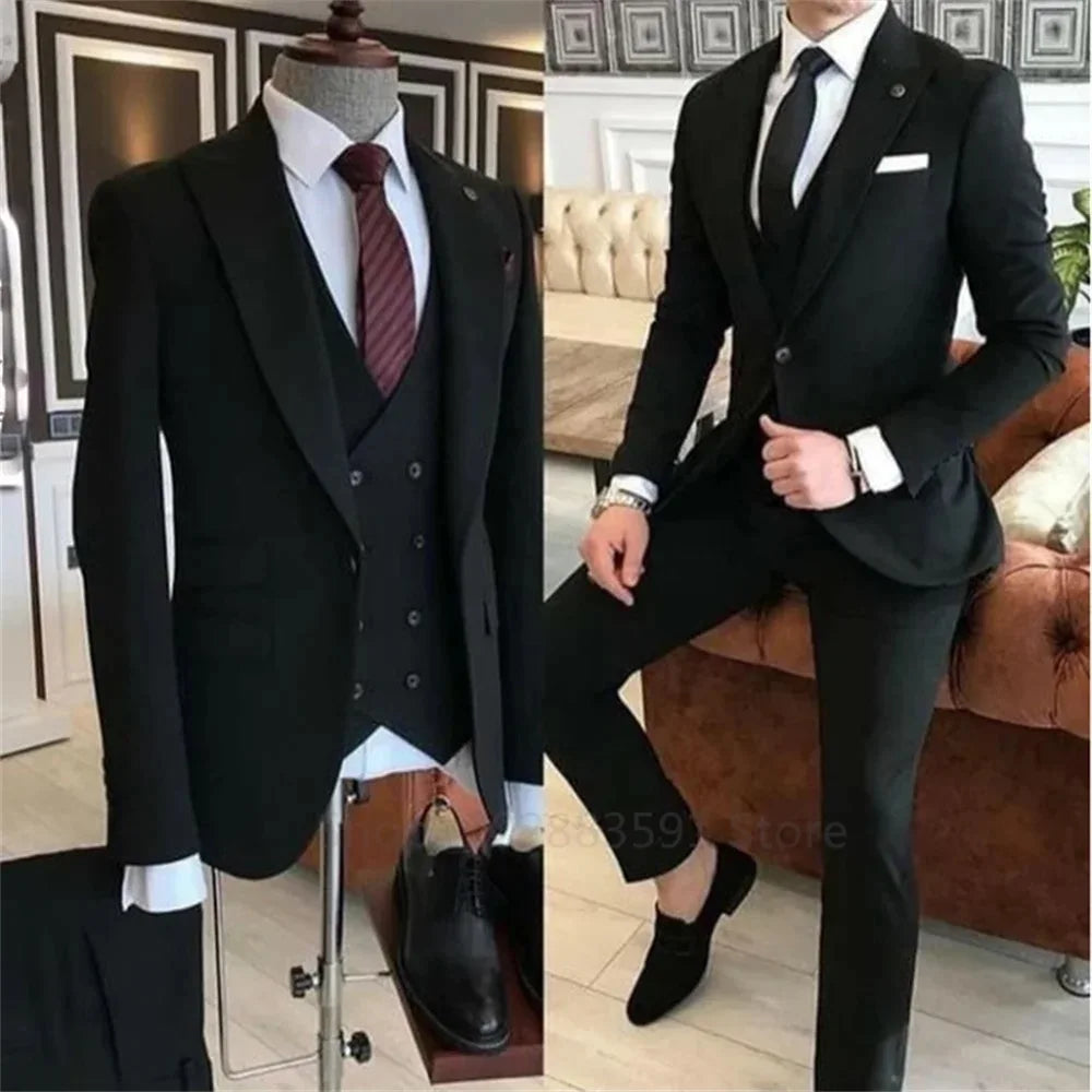 Elegant Men's 3-Piece Suit Set with Peak Lapel Blazer, Vest, and Trousers - Tailored Business Casual Attire for Groom and Formal Events