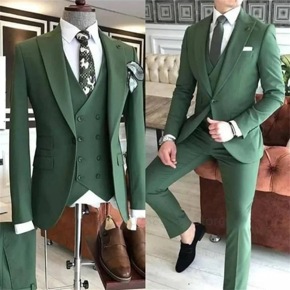 Elegant Men's 3-Piece Suit Set with Peak Lapel Blazer, Vest, and Trousers - Tailored Business Casual Attire for Groom and Formal Events