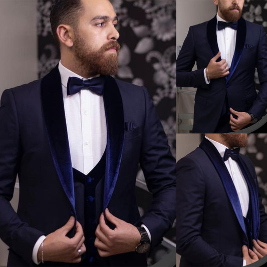 Men's Suit 3 Pieces Blazer Vest Pants One Button Velvet Sheer Lapel Tuxedo Business Pure Modern Wedding Groom Costume Homme