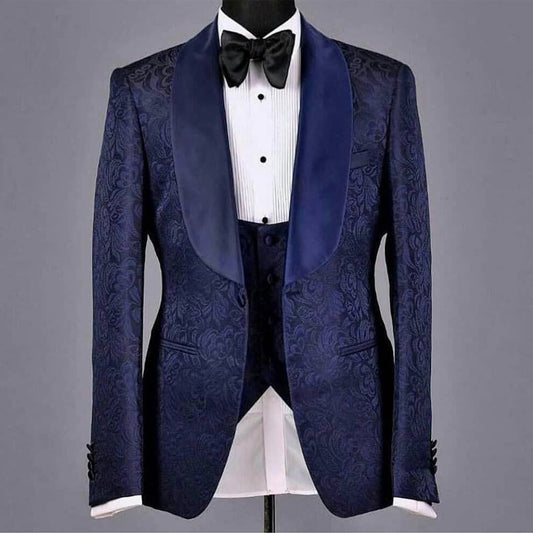 Men's Suit 3 Pieces Jacquard Blazer Vest Black Pants One Button Sheer Satin Lapel Business Wedding Groom Tailored Costume Homme