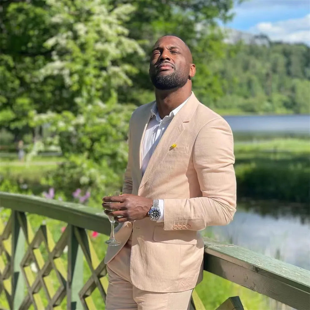 Traje de novio de lino beige de dos botones para boda, corte entallado, formal, 2 piezas (chaqueta y pantalón) 