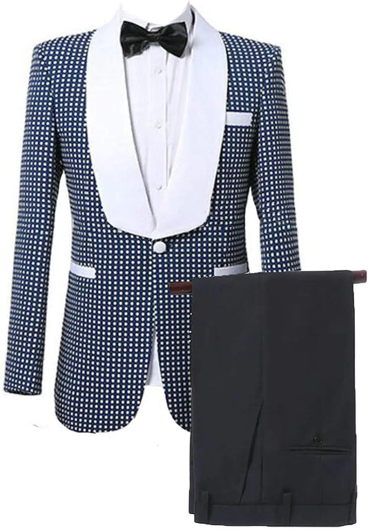 Men's Suit Double Breasted Shawl Lapel Slim Fit Double Breasted Plaid Suit Jacket Pants Formal Two Pieces Set Wedding