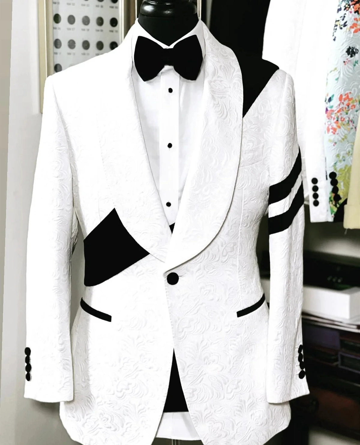 Traje de hombre de moda, conjunto de 3 piezas, jacquard con patchwork negro, blazer y pantalón, traje masculino ajustado para boda.
