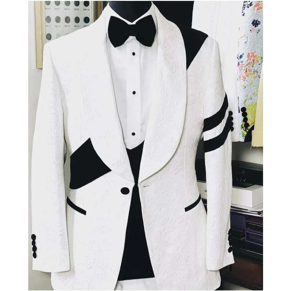 Men's Suit Fashion 3 Piece Set Jacquard with Black Patchwork Tailor Blazer Pants Slim Male Clothing For Wedding