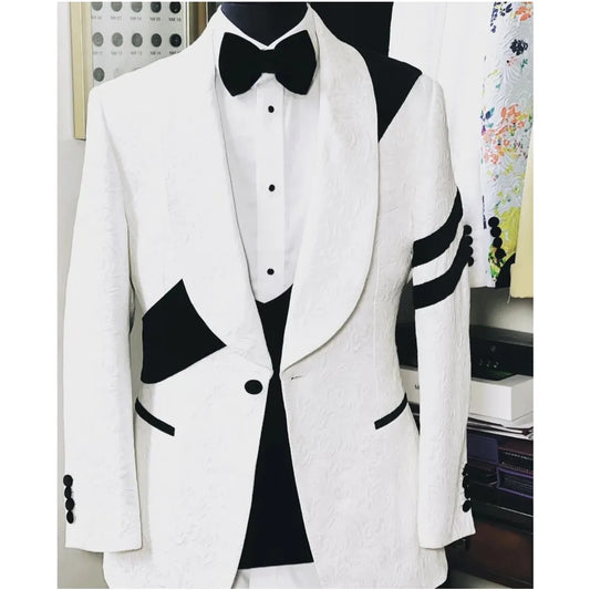 Men's Suit Fashion 3 Piece Set Jacquard with Black Patchwork Tailor Blazer Pants Terno Masculino Slim Male Clothing For Wedding