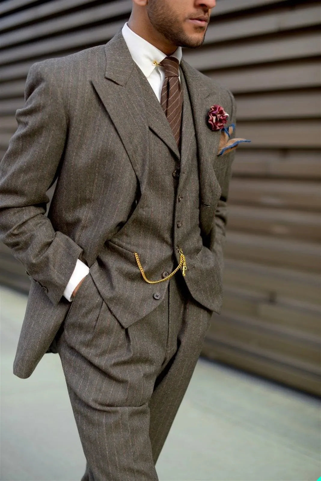 Men's Suit Tweed Wedding Tuxedo Striped Groomsmen Party Ball Pants Blazer Sets Business Dress 3 Piece(Jacket+Vest+Pants)