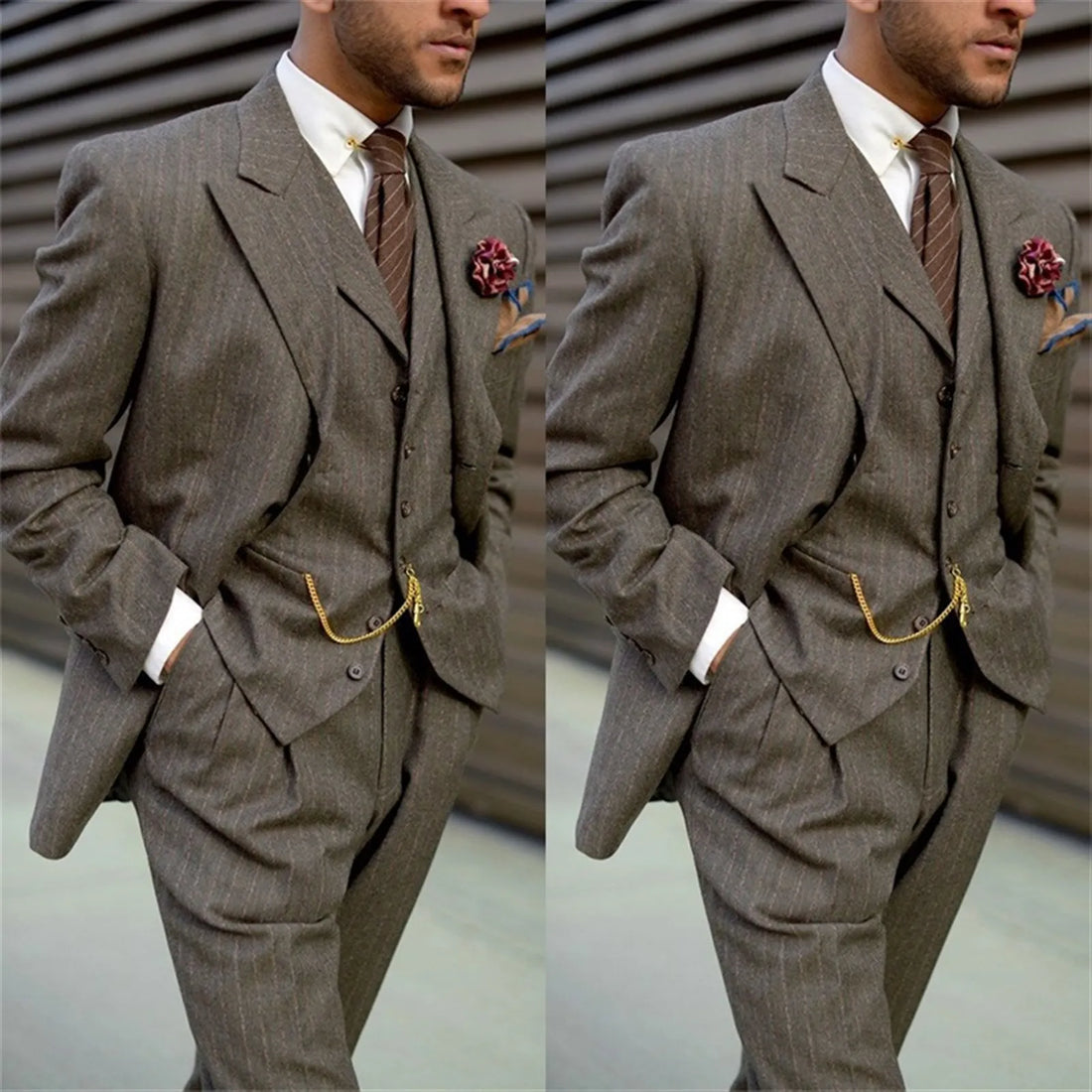 Men's Suit Tweed Wedding Tuxedo Striped Groomsmen Party Ball Pants Blazer Sets Business Dress 3 Piece(Jacket+Vest+Pants)