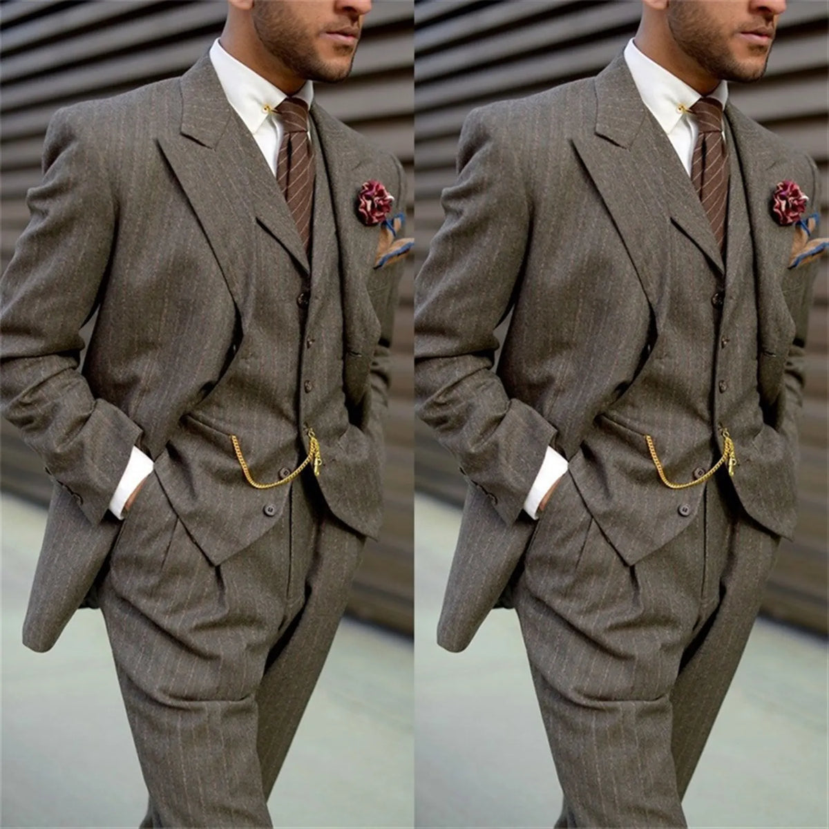 Men's Suit Tweed Wedding Tuxedo Striped Groomsmen Party Ball Pants Blazer Sets Business Dress 3 Piece(Jacket+Vest+Pants)