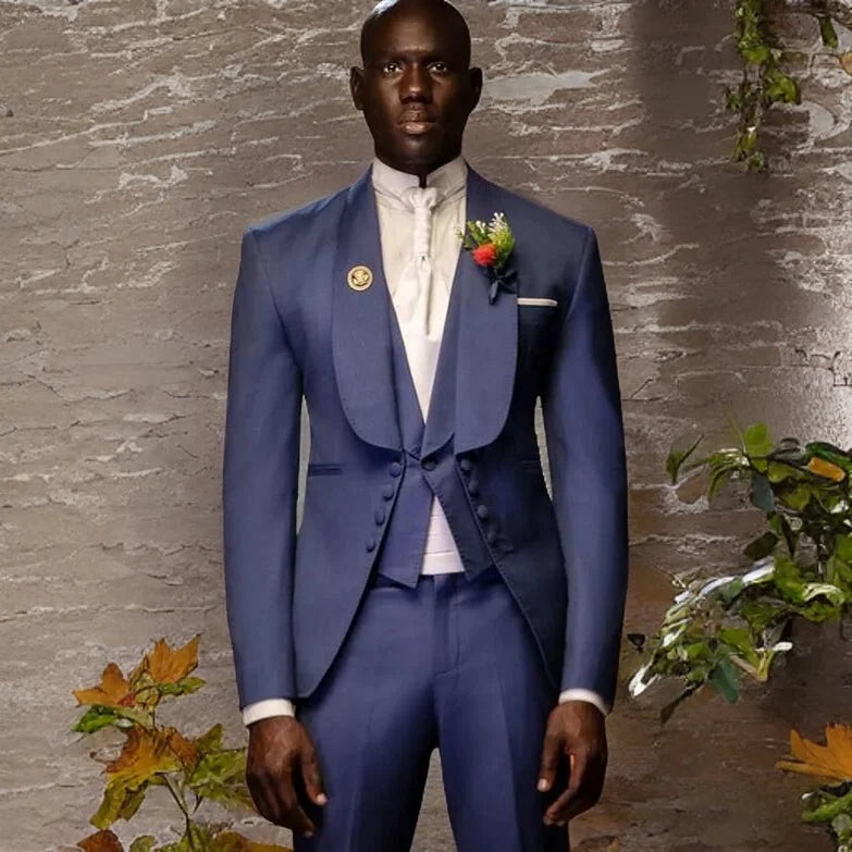 Costume 3 pièces pour homme, smoking, robe de soirée, bal de promo, veste longue, col châle (blazer, pantalon, gilet)